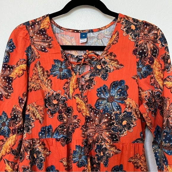 2/$30 Old Navy Tie-Neck Tiered Cotton Mini Floral Swing Dress Orange - Picture 4 of 15